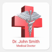 Medical 3D Caduceus Silver Cross Red Vierkante Sticker (Voorkant)