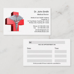 Medical 3D Silver Caduceus Cross Red Afsprakenkaartje