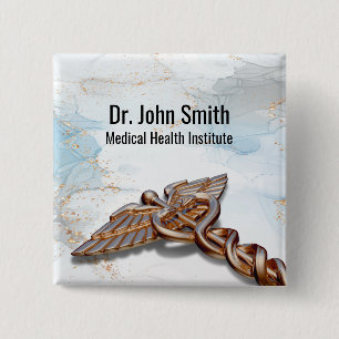 Medical Caduceus Roos Gold Copper Luxe Marble Vierkante Button 5,1 Cm