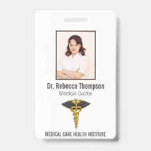 Medical Elegant Gold Caduceus Black Wings Foto ID Badge