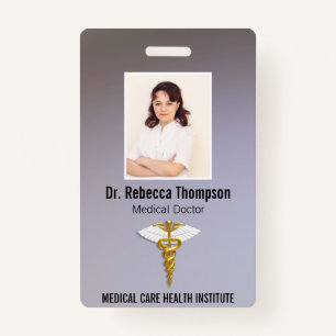 Medical Elegant Gold Caduceus White Wings Foto ID Badge
