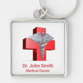 Medical Silver 3D Caduceus Cross Red Sleutelhanger (Voorkant)