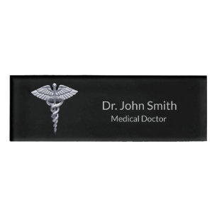 Medical Silver Caduceus op Black Classy Naambadge