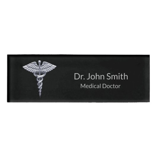 Medical Silver Caduceus op Black Classy Naambadge (Voorkant)