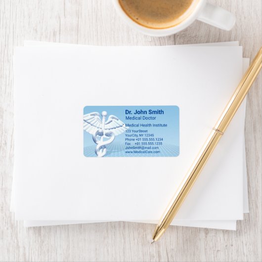 Medical White 3D Caduceus Blue Design Etiket (Insitu)