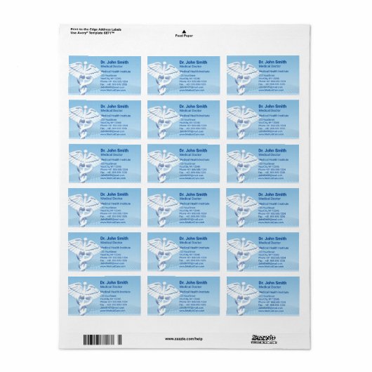Medical White 3D Caduceus Blue Design Etiket (Full Sheet)