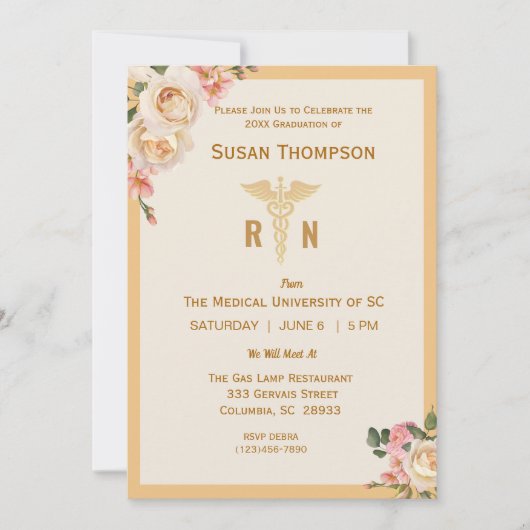 Médicale Caduceus Floral Grad Party Invitation (Devant)