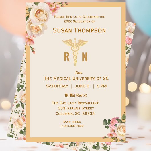 Médicale Caduceus Floral Grad Party Invitation