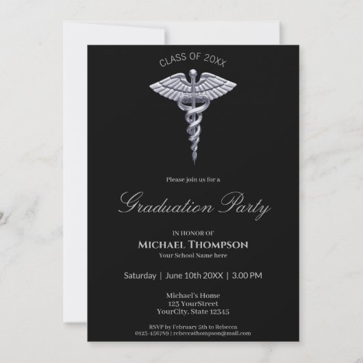 Médicale Silver Caduceus Black Graduate Invitation (Devant)
