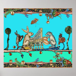 MEDIEVAL BESTIAIR MAKEN MUZIEK, konijn, hond, blau Poster