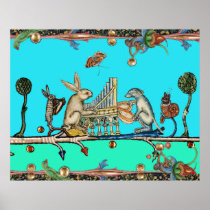 MEDIEVAL BESTIAIR MAKEN MUZIEK, konijn, hond, blau Poster