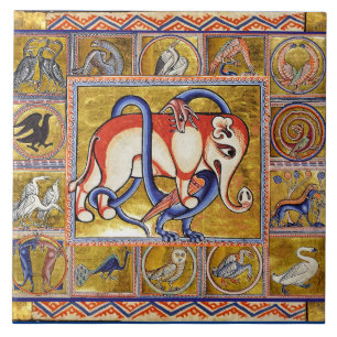 MEDIEVAL BESTIARY, ELEPHANT COMBATTING SNAKE DRAGO TEGELTJE