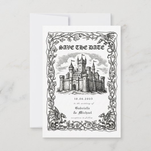 Medieval Castle Black White Illustration  Save The Date (Voorkant)