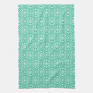 Medieval Cross Damask - Turquoise en White Theedoek