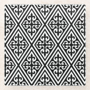 Medieval Cross Damask - Zwart-wit Glazen Onderzetter