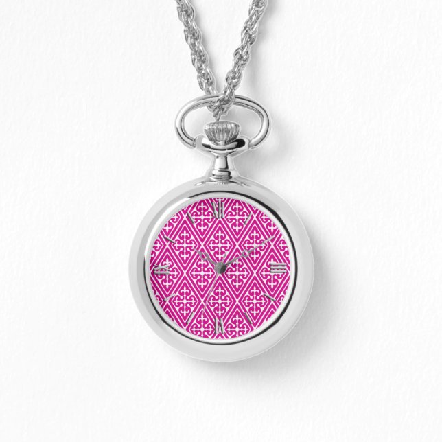 Medieval Damask Diamonds, magenta en wit Horloge (Voorkant)