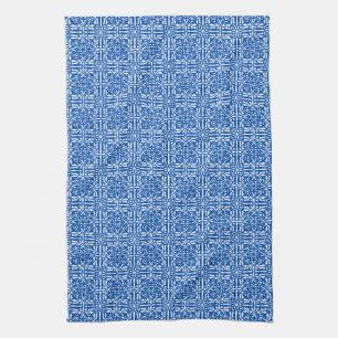 Medieval Damask Fleur-de-lis, kobalt blauw Theedoek
