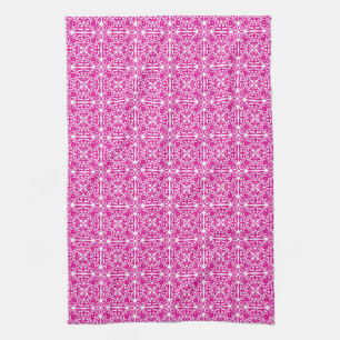 Medieval Damask patroon, magenta en wit Theedoek