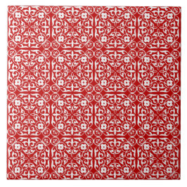 Medieval Damask patroon, rood en wit Tegeltje
