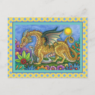 MEDIEVAL DRAGON & YOUNG, COLORFUL FOLK ART GARDEN BRIEFKAART