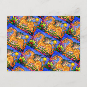 MEDIEVAL DRAGON & YOUNG, COLORFUL FOLK ART GARDEN BRIEFKAART