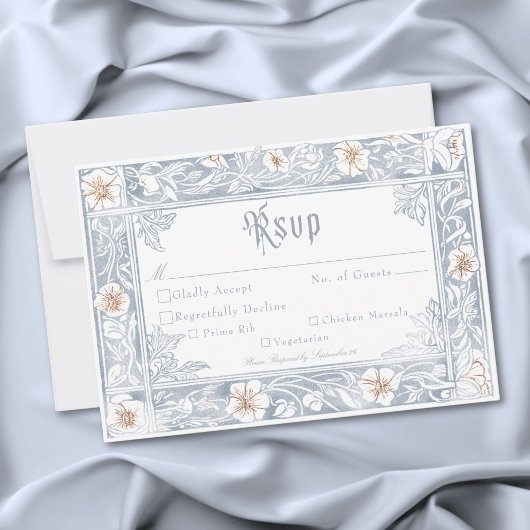 Medieval Fantasy Frame Blue Gold Etching Wedding RSVP Kaartje