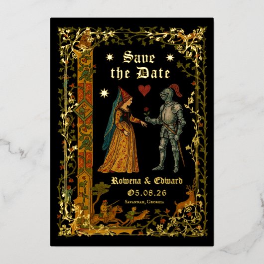 Medieval Fantasy Knight and Lady Save the Date Folie Uitnodiging (Voorkant)