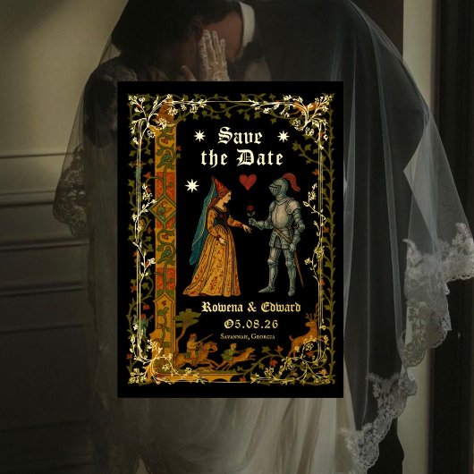 Medieval Fantasy Knight and Lady Save the Date Folie Uitnodiging