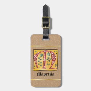 Medieval Floral Illuminated Letter M Monogram Bagagelabel