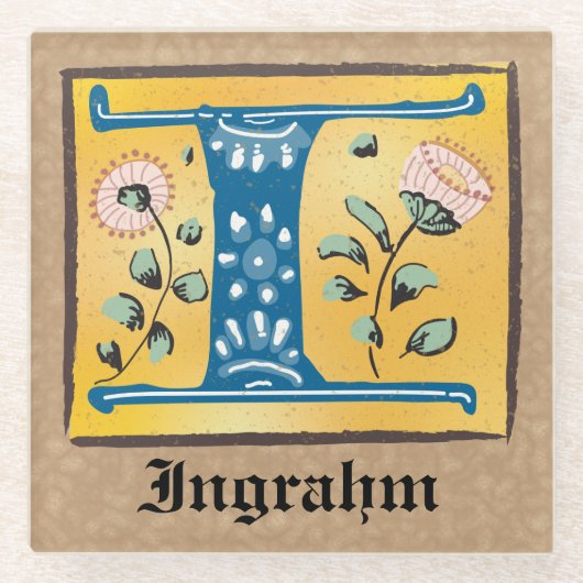 Medieval Floral, verlicht Letter I Monogram Glazen Onderzetter (Voorkant)
