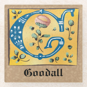 Medieval Floral, verlicht met letter G Monogram Glazen Onderzetter