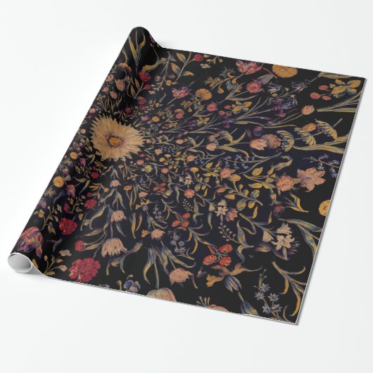 Medieval Flowers op Black Cadeaupapier (Uitgerold)