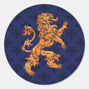 Medieval Gold Lion Blue Fleur de Lis Ronde Sticker