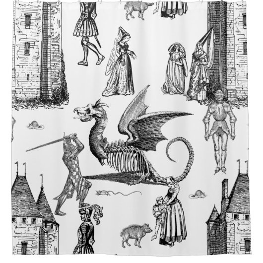 medieval gothic dragon knight skeleton toile douchegordijn (Voorkant)