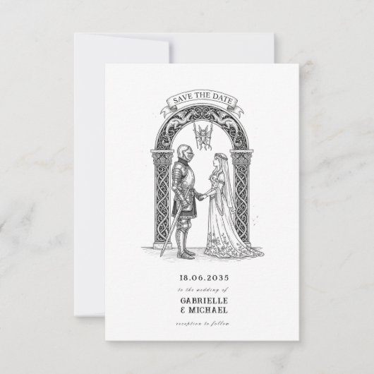 Medieval Gothic Knight Bride Groom Arch Save The Date (Voorkant)