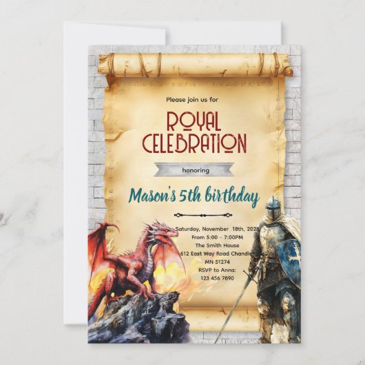 Medieval knight and dragon invitation (Devant)