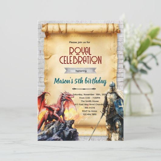 Medieval knight and dragon invitation (Debout devant)
