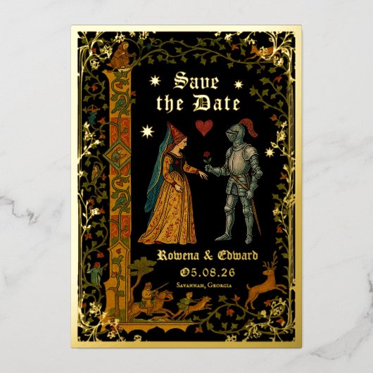 Medieval Knight and Lady Manuscript Save the Date Folie Uitnodiging (Voorkant)