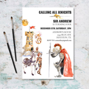 Medieval Knight Dragon Castle Waterverf Birthday Kaart