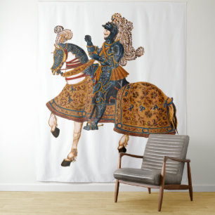 Medieval Knight in Armor op paard achterin Wandkleed