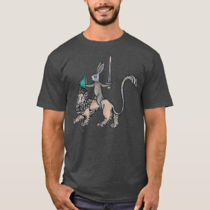 Medieval konijn rijdt een leeuw omdat hij t-shirt