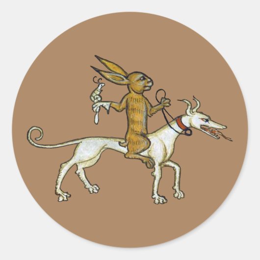 Medieval Rabbit Riding Dog and Holding Snagel Ronde Sticker (Voorkant)