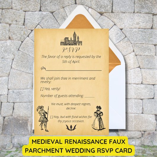 Medieval Renaissance Faux Parchment Wedding RSVP Kaartje