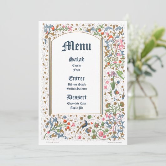 Medieval verlichte vogels en bloemen huwelijk menu (Staand voorkant)