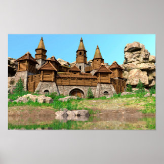 Medieval Wooden Fortress Landscape Poster