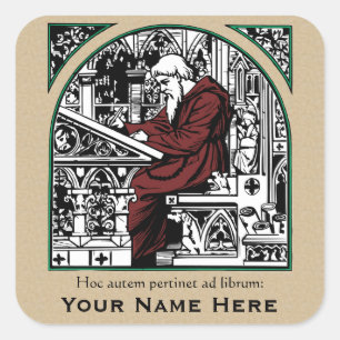 Medieval Writing Desk en Monk Bookplate Vierkante Sticker