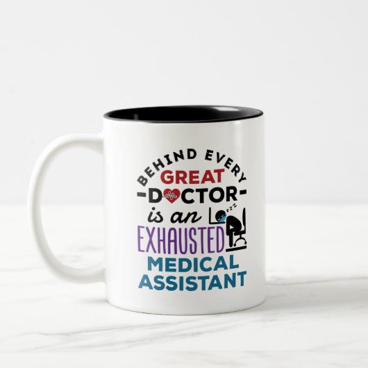 Medisch assistent geëxhausted Funny Appreciation Tweekleurige Koffiemok (Links)