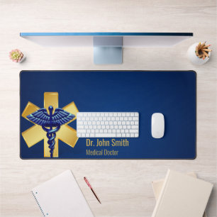 Medisch Blauw 3D Caduceus Gouden Kruis Bureaumat