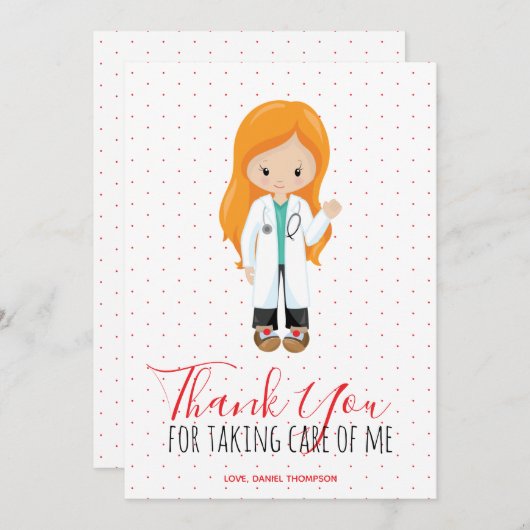 Medische Ginger Vrouw dokter Rode Script Polka Dot Bedankkaart (Voorkant / Achterkant)