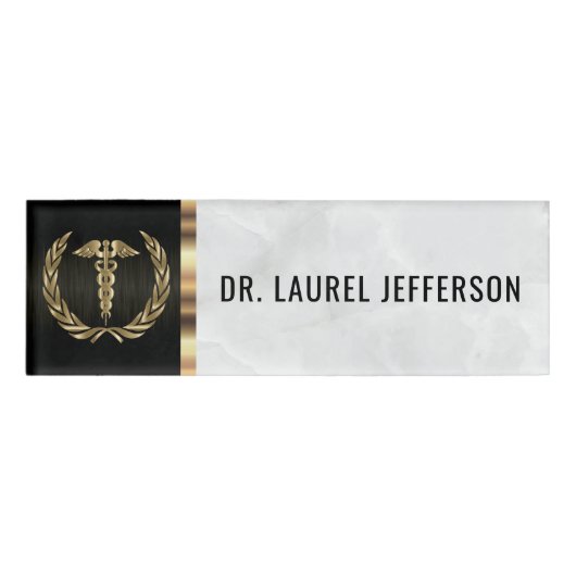 Medische Kantoor - Witte marmer, zwart & goud Naambadge (Voorkant)
